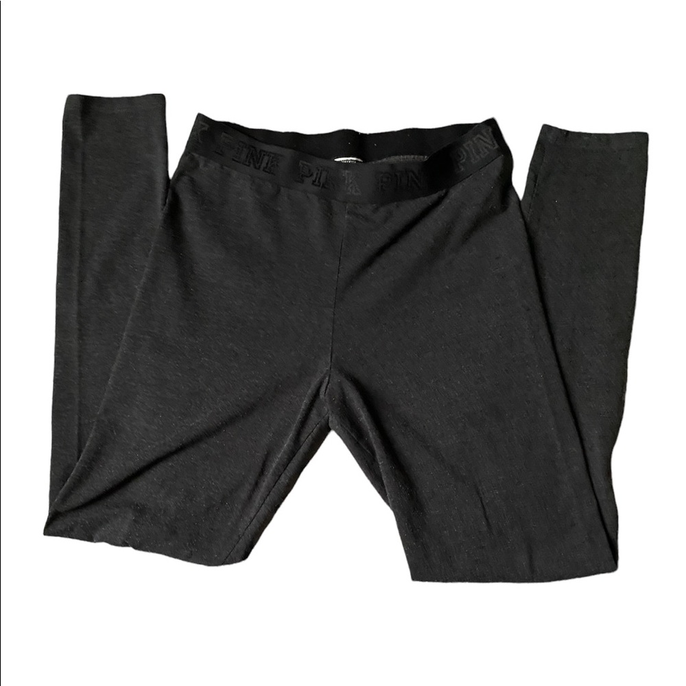 VS PINK CHARCOAL GRAY LEGGINGS WITH BLACK LOGO WIDE ELASTIC WAISTBAND